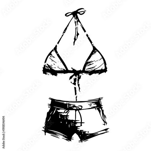 Two piece swimsuit set with bikini top and shorts in black ink sketch style