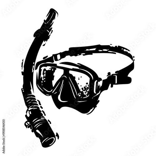 Hand drawn sketch of snorkeling mask and diving tube in black and white grunge style