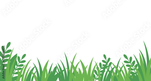Botanical green grass border with leafy branches vector illustration