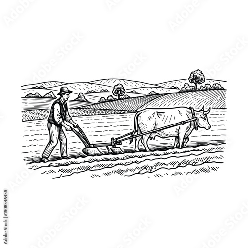 Engraving Farmer Plowing Agricultural Field with Ox in Vintage Woodcut Style