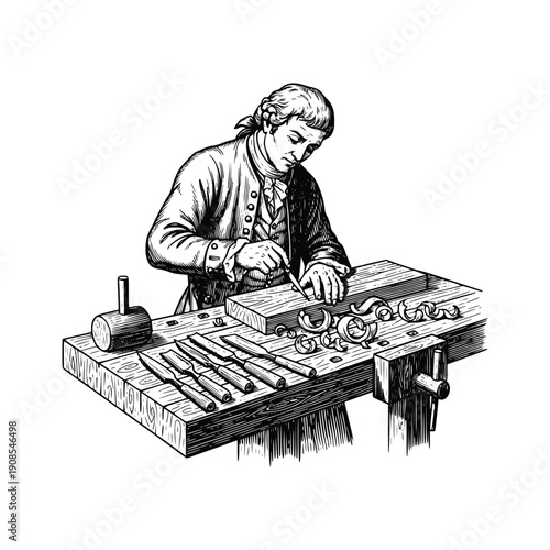 Vintage Woodcut Illustration of a 18th Century Carpenter Carving Wood at a Workbench with Hand Tools