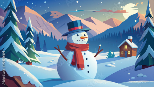 Winter scene with snowman in snowy mountains
