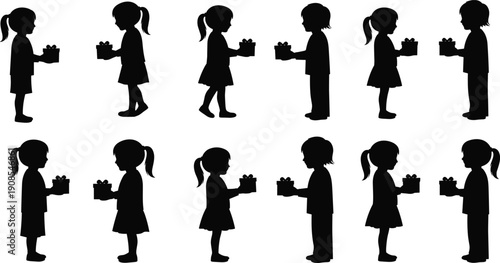 Children exchanging gift boxes silhouette set, kids giving presents, friendship sharing concept, birthday surprise vector illustration collection