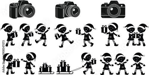 Christmas elf silhouette set with camera gift sleigh photography helper character black white vector illustration bundle collection