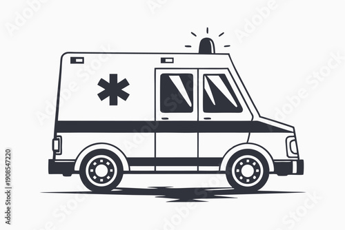 Isolated Ambulance Car with Cross Symbol, Medical Transport Vehicle Black and White Art