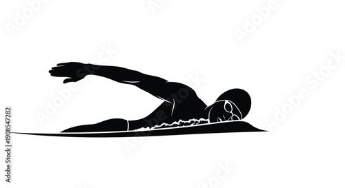 A swimmer in full stroke depicted as a striking black silhouette