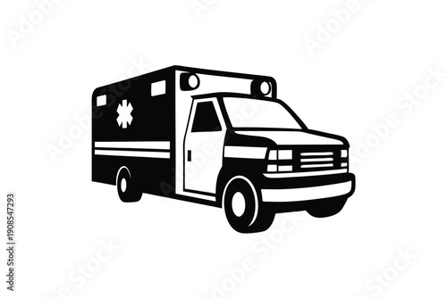 Isolated Ambulance Car with Cross Symbol, Medical Transport Vehicle Black and White Art