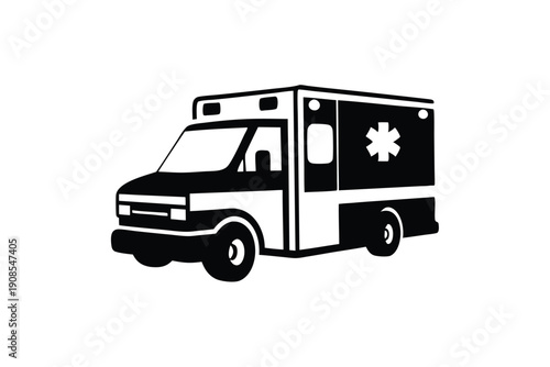 Isolated Ambulance Car with Cross Symbol, Medical Transport Vehicle Black and White Art