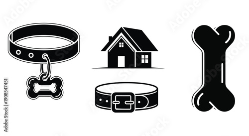 Pet accessories and a house depicted in a striking silhouette