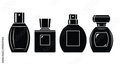 Four perfume bottles in a row stark black silhouette