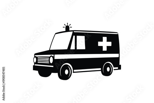 Isolated Ambulance Car with Cross Symbol, Medical Transport Vehicle Black and White Art