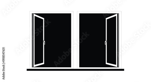 Two open windows with a stark black backdrop a graphic silhouette
