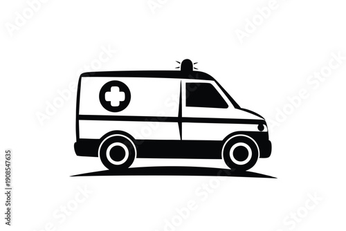 Isolated Ambulance Car with Cross Symbol, Medical Transport Vehicle Black and White Art