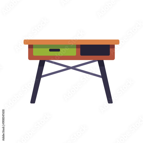 wooden desk, furniture and home decor, loft, green drawer, colorful vector flat style illustration