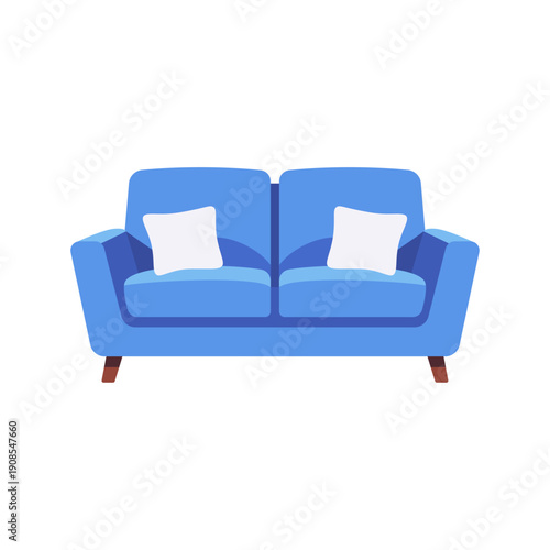 blue sofa, furniture and home decor, white pillows, colorful vector flat style illustration

