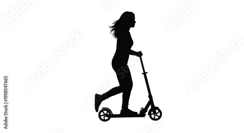A woman rides a scooter in a striking black silhouette