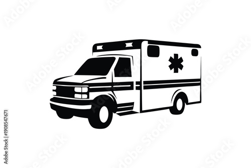 Isolated Ambulance Car with Cross Symbol, Medical Transport Vehicle Black and White Art