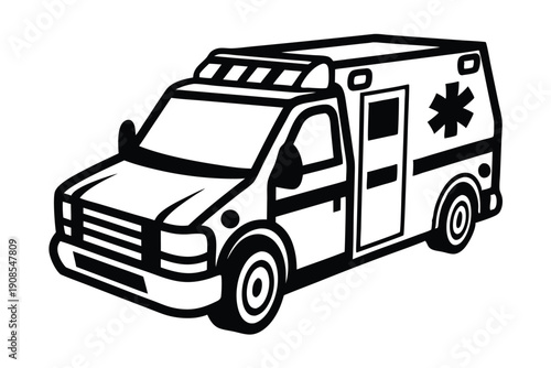 Isolated Ambulance Car with Cross Symbol, Medical Transport Vehicle Black and White Art