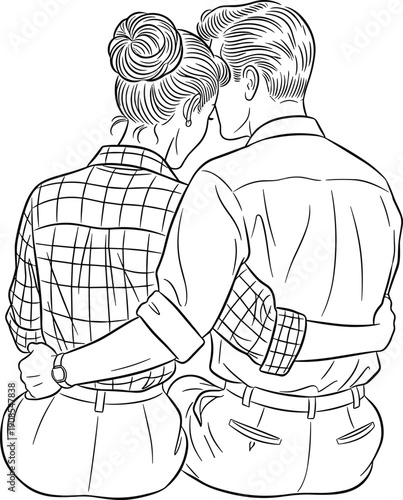 Romantic couple line art illustration hugging from back love relationship sketch black white outline vector drawing isolated design