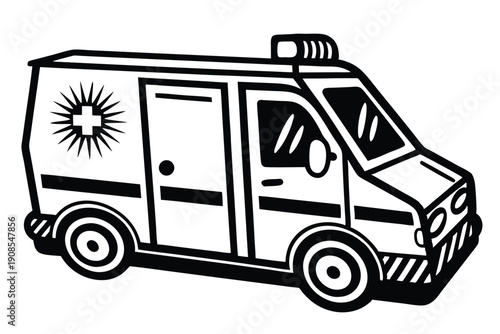 Isolated Ambulance Car with Cross Symbol, Medical Transport Vehicle Black and White Art