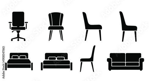Black furniture icons including chairs sofas and beds silhouette