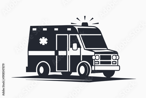 Isolated Ambulance Car with Cross Symbol, Medical Transport Vehicle Black and White Art