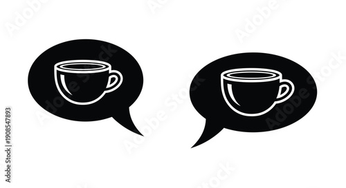 Two coffee cups in speech bubbles a striking black silhouette