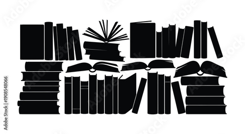A collection of books stacked and open depicted as a silhouette
