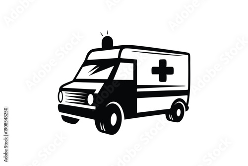 Isolated Ambulance Car with Cross Symbol, Medical Transport Vehicle Black and White Art