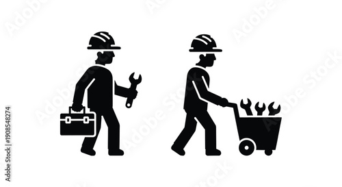Two construction workers with tools and a cart a black silhouette
