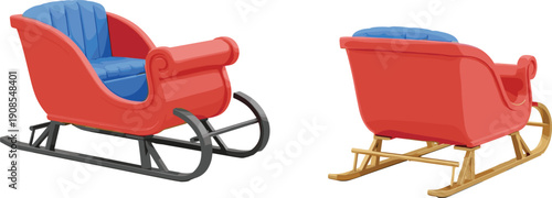 Santa sleigh vector illustration red Christmas sled isolated winter holiday transport design element festive clipart object set