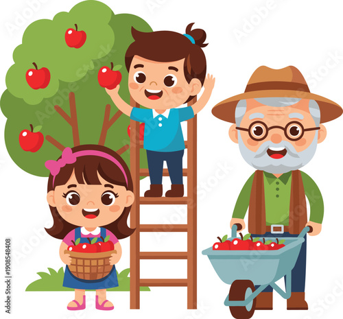 Happy Grandfather and Grandchildren Harvesting Red Apples in Garden Orchard with Ladder and Wheelbarrow for Autumn Farm Agricultural Concept Design