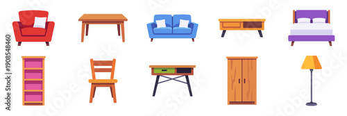 Set of furniture and home decor icons, sofa, armchair, bed, wardrobe, desk, tables, chair, bookshelf, floor lamp, colorful vector flat illustrations