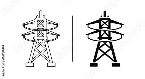 Two electrical transmission towers in a minimalist black silhouette