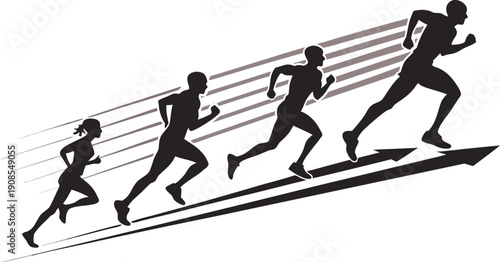 Progressive stages of runners ascending an upward arrow graph