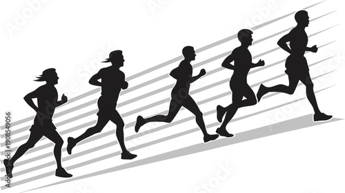 Silhouettes of five runners ascending an incline
