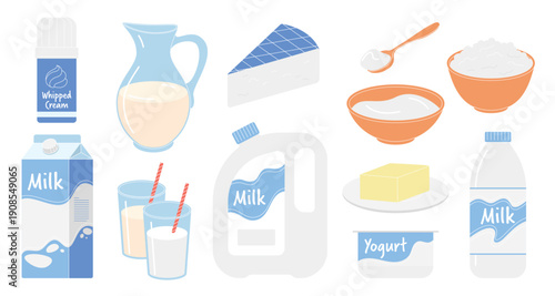 Various cartoon milk containers, yogurt, butter, cheese, and whipped cream in colorful packaging, perfect for dairy product concepts, isolated on white background vector illustration