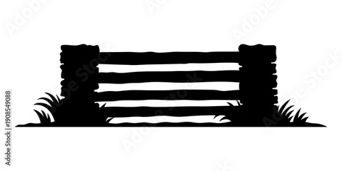 A fence made of stone pillars and planks. Fencing. Black silhouette. Horizontal front view. Vector simple flat graphic hand drawn illustration. Isolated object on a white background.