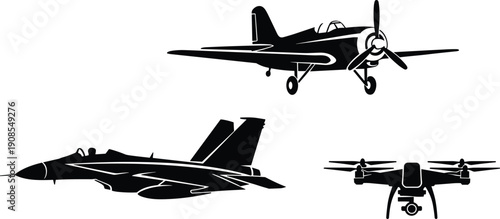 Black silhouette vector set of military fighter jet, vintage propeller airplane, and modern quadcopter drone isolated on white background,