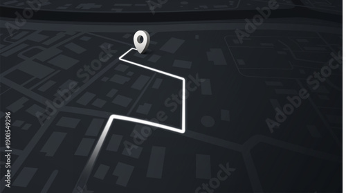 Modern city navigation map in dark style showing urban streets, marked route, and destination pin for location tracking and travel planning vector illustration