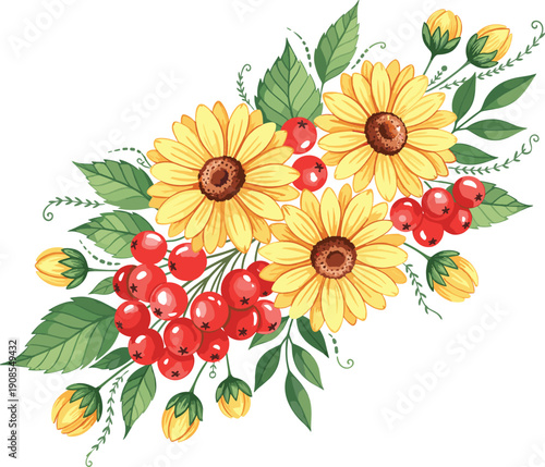 Rustic Autumn Floral Bouquet Illustration with Yellow Sunflowers Red Berries and Green Leaves for Thanksgiving Greeting Cards and Seasonal Botanical Graphic Designs