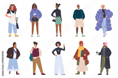 Modern teenagers in diverse, bold outfits and unique hairstyles, showcasing Gen Z alternative fashion and urban youth culture, isolated on white background vector illustration