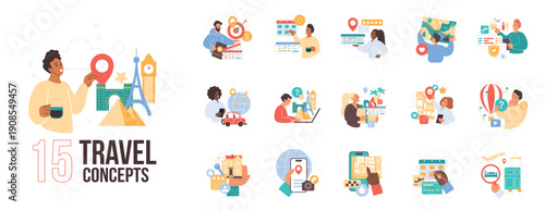 Collection of tourists preparing vacations, booking hotels, buying tickets, searching routes, and organizing travel logistics, isolated on white background vector illustration