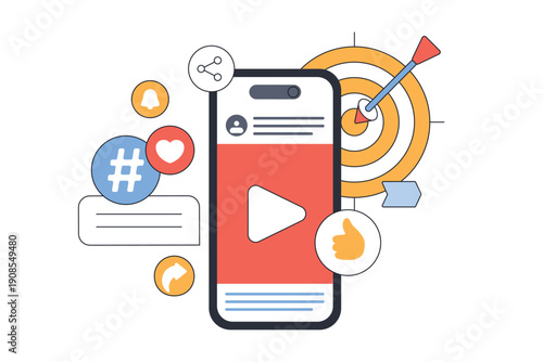 Engage audiences with a viral video marketing strategy using social media platforms. Enhance brand visibility and reach with targeted content isolated on white background vector illustration