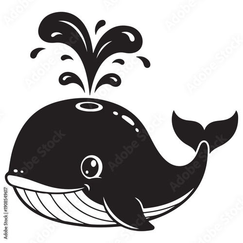 Cute Cartoon Whale Spouting Water, Isolated Black and White Illustration