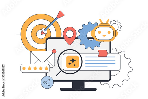 AI-driven SEO enhances search visibility through generative algorithms and analytics, optimizing content for better user engagement and discoverability vector illustration