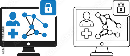 Digital medical records icon set showing secure patient data on a computer monitor with healthcare symbols and data encryption lock for telemedicine services.