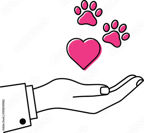 Human hand holding a pink heart and animal paw prints representing veterinary care pet adoption and animal welfare services vector illustration