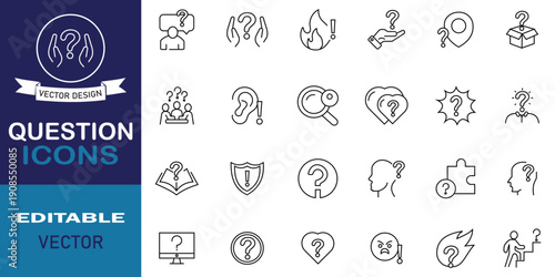 Question web icons set in line style. Ask, insecure person, confused, question mark, quiz, unknown, and more collection. Vector illustration.