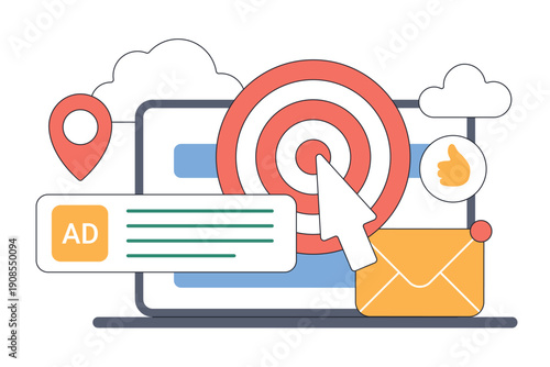Digital marketing concept with cursor clicking on targeted PPC ad, highlighting online advertising strategy and conversion optimization isolated on white background vector illustration